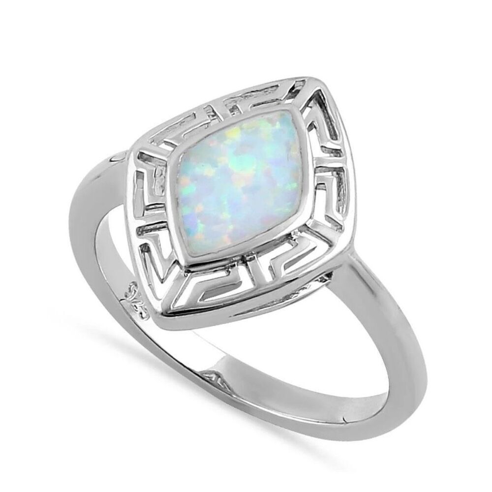 Sterling Silver White Lab Opal Greek Rhombus Ring New